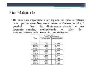 Fator Multiplicante
• Há uma dica importante a ser seguida, no caso de cálculo
com porcentagem. No caso se houver acréscimo no valor, é
possível fazer isto diretamente através de uma
operação simples, multiplicando o valor do
produto/serviço pelo fator de multiplicação.
15
Taxa
Fator Multiplicador
Acréscimo Descréscimo
5,0% 1,050 0,950
10,0% 1,100 0,900
8,0% 1,080 0,920
22,0% 1,220 0,780
56,0% 1,560 0,440
12,6% 1,126 0,874
80,0% 1,800 0,200
38,0% 1,380 0,620
90,0% 1,900 0,100
 