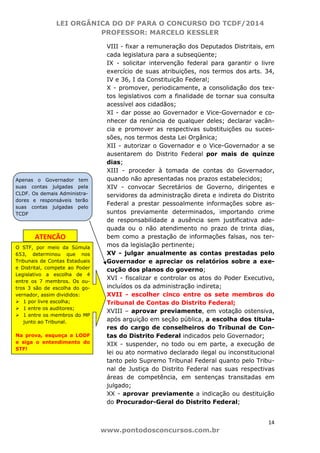 LEI ORGÂNICA DO DF PARA O CONCURSO DO TCDF/2014
PROFESSOR: MARCELO KESSLER
14
www.pontodosconcursos.com.br
VIII - fixar a remuneração dos Deputados Distritais, em
cada legislatura para a subseqüente;
IX - solicitar intervenção federal para garantir o livre
exercício de suas atribuições, nos termos dos arts. 34,
IV e 36, I da Constituição Federal;
X - promover, periodicamente, a consolidação dos tex-
tos legislativos com a finalidade de tornar sua consulta
acessível aos cidadãos;
XI - dar posse ao Governador e Vice-Governador e co-
nhecer da renúncia de qualquer deles; declarar vacân-
cia e promover as respectivas substituições ou suces-
sões, nos termos desta Lei Orgânica;
XII - autorizar o Governador e o Vice-Governador a se
ausentarem do Distrito Federal por mais de quinze
dias;
XIII - proceder à tomada de contas do Governador,
quando não apresentadas nos prazos estabelecidos;
XIV - convocar Secretários de Governo, dirigentes e
servidores da administração direta e indireta do Distrito
Federal a prestar pessoalmente informações sobre as-
suntos previamente determinados, importando crime
de responsabilidade a ausência sem justificativa ade-
quada ou o não atendimento no prazo de trinta dias,
bem como a prestação de informações falsas, nos ter-
mos da legislação pertinente;
XV - julgar anualmente as contas prestadas pelo
Governador e apreciar os relatórios sobre a exe-
cução dos planos do governo;
XVI - fiscalizar e controlar os atos do Poder Executivo,
incluídos os da administração indireta;
XVII - escolher cinco entre os sete membros do
Tribunal de Contas do Distrito Federal;
XVIII – aprovar previamente, em votação ostensiva,
após arguição em seção pública, a escolha dos titula-
res do cargo de conselheiros do Tribunal de Con-
tas do Distrito Federal indicados pelo Governador;
XIX - suspender, no todo ou em parte, a execução de
lei ou ato normativo declarado ilegal ou inconstitucional
tanto pelo Supremo Tribunal Federal quanto pelo Tribu-
nal de Justiça do Distrito Federal nas suas respectivas
áreas de competência, em sentenças transitadas em
julgado;
XX - aprovar previamente a indicação ou destituição
do Procurador-Geral do Distrito Federal;
O STF, por meio da Súmula
653, determinou que nos
Tribunais de Contas Estaduais
e Distrital, compete ao Poder
Legislativo a escolha de 4
entre os 7 membros. Os ou-
tros 3 são de escolha do go-
vernador, assim divididos:
1 por livre escolha;
1 entre os auditores;
1 entre os membros do MP
junto ao Tribunal.
Na prova, esqueça a LODF
e siga o entendimento do
STF!
ATENÇÃO
Apenas o Governador tem
suas contas julgadas pela
CLDF. Os demais Administra-
dores e responsáveis terão
suas contas julgadas pelo
TCDF
 