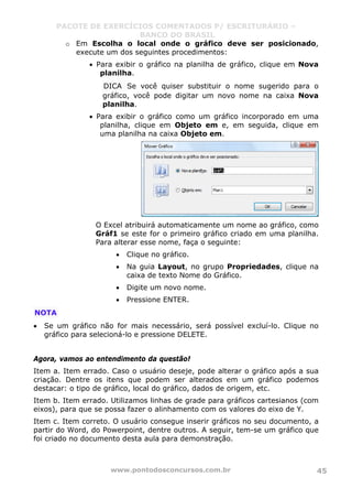 PACOTE DE EXERCÍCIOS COMENTADOS P/ ESCRITURÁRIO –
BANCO DO BRASIL
www.pontodosconcursos.com.br 45
o Em Escolha o local onde o gráfico deve ser posicionado,
execute um dos seguintes procedimentos:
• Para exibir o gráfico na planilha de gráfico, clique em Nova
planilha.
DICA Se você quiser substituir o nome sugerido para o
gráfico, você pode digitar um novo nome na caixa Nova
planilha.
• Para exibir o gráfico como um gráfico incorporado em uma
planilha, clique em Objeto em e, em seguida, clique em
uma planilha na caixa Objeto em.
O Excel atribuirá automaticamente um nome ao gráfico, como
Gráf1 se este for o primeiro gráfico criado em uma planilha.
Para alterar esse nome, faça o seguinte:
• Clique no gráfico.
• Na guia Layout, no grupo Propriedades, clique na
caixa de texto Nome do Gráfico.
• Digite um novo nome.
• Pressione ENTER.
NOTA
• Se um gráfico não for mais necessário, será possível excluí-lo. Clique no
gráfico para selecioná-lo e pressione DELETE.
Agora, vamos ao entendimento da questão!
Item a. Item errado. Caso o usuário deseje, pode alterar o gráfico após a sua
criação. Dentre os itens que podem ser alterados em um gráfico podemos
destacar: o tipo de gráfico, local do gráfico, dados de origem, etc.
Item b. Item errado. Utilizamos linhas de grade para gráficos cartesianos (com
eixos), para que se possa fazer o alinhamento com os valores do eixo de Y.
Item c. Item correto. O usuário consegue inserir gráficos no seu documento, a
partir do Word, do Powerpoint, dentre outros. A seguir, tem-se um gráfico que
foi criado no documento desta aula para demonstração.
 