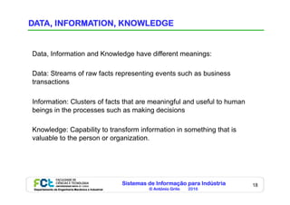Sistemas de Informação para Indústria
© António Grilo 2016Departamento de Engenharia Mecânica e Industrial
18
DATA, INFORMATION, KNOWLEDGE
Data, Information and Knowledge have different meanings:
Data: Streams of raw facts representing events such as business
transactions
Information: Clusters of facts that are meaningful and useful to human
beings in the processes such as making decisions
Knowledge: Capability to transform information in something that is
valuable to the person or organization.
 