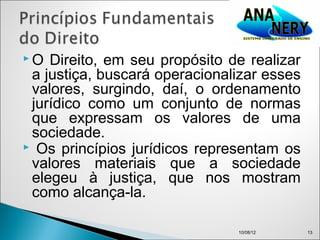 O  Direito, em seu propósito de realizar
 a justiça, buscará operacionalizar esses
 valores, surgindo, daí, o ordenamento
 jurídico como um conjunto de normas
 que expressam os valores de uma
 sociedade.
 Os princípios jurídicos representam os
 valores materiais que a sociedade
 elegeu à justiça, que nos mostram
 como alcança-la.

                               10/08/12     13
 