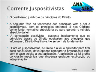    O positivismo jurídico e os princípios do Direito

   A segunda fase da teorização dos princípios vem a ser a
    juspositivista, com os princípios entrando já nos Códigos
    como fonte normativa subsidiária ou para garantir o reinado
    absoluto da lei.
    A concepção positivista sustenta basicamente que os
    princípios gerais de Direito equivalem aos princípios que
    informam o Direito Positivo e lhe servem de fundamento.

     Para os juspositivistas, o Direito é a lei, o aplicador para tirar
    suas conclusões, deve apenas comparar o pressuposto legal
    com o caso sujeito à sua aplicação. A aplicação da lei é uma
    conclusão mecânica que dispensa qualquer explicação ou
    interpretação.


                                                        10/08/12           17
 