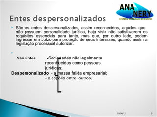    São os entes despersonalizados, assim reconhecidos, aqueles que
    não possuem personalidade jurídica, haja vista não satisfazerem os
    requisitos essenciais para tanto, mas que, por outro lado, podem
    ingressar em Juízo para proteção de seus interesses, quando assim a
    legislação processual autorizar.



    São Entes      -Sociedades não legalmente
               reconhecidas como pessoas
               jurídicas;
Despersonalizado - a massa falida empresarial;
               - o espólio entre outros.




                                                       10/08/12           31
 