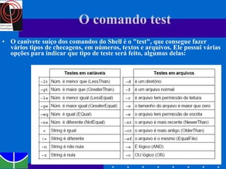 O comando test O canivete suíço dos comandos do Shell é o "test", que consegue fazer vários tipos de checagens, em números, textos e arquivos. Ele possui várias opções para indicar que tipo de teste será feito, algumas delas: 