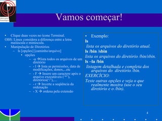 Vamos começar! Clique duas vezes no ícone Terminal. OBS: Linux considera a diferença entre a letra maiúscula e minúscula. Manipulação de Diretórios ls [opções] [caminho/arquivo] opções  -a   lista todos os arquivos de um diretório - l    lista as permissões, data de modificações, donos,...etc - F    Insere um caractere após o arquivo executáveis (‘*’), diretórios(‘/’),.... - r    Inverte a seqüência da ordenação - X    ordena pela extensão Exemplo: ls   lista os arquivos do diretório atual. ls /bin /sbin   lista os arquivos do diretório /bin/sbin. ls –la /bin   listagem detalhada e completa dos arquivos do  diretório /bin. EXERCÍCIO: Teste outras opções e veja o que realmente mostra (use o seu diretório e o /bin).  