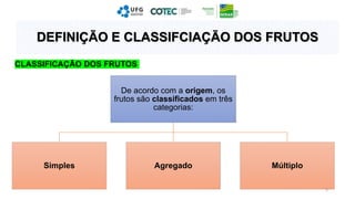 De acordo com a origem, os
frutos são classificados em três
categorias:
Simples Agregado Múltiplo
5
DEFINIÇÃO E CLASSIFCIAÇÃO DOS FRUTOS
CLASSIFICAÇÃO DOS FRUTOS
 