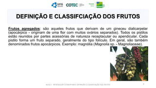 Frutos agregados: são aqueles frutos que derivam de um gineceu dialicarpelar
(apocárpico - originam de uma flor com muitos ovários separados). Todos os pistilos
estão reunidos por partes acessórias de natureza receptacular ou apendicular. Cada
pistilo forma um fruto separado, geralmente do tipo folículo. Em geral, são também
denominados frutos apocárpicos. Exemplo: magnólia (Magnolia sp. - Magnoliaceae).
AULA 1 - INTRODUÇÃO À DISCIPLINA E DEFINIÇÃO E CLASSIFICAÇÃO DOS FRUTOS 8
DEFINIÇÃO E CLASSIFCIAÇÃO DOS FRUTOS
 