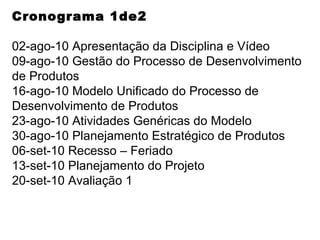 Cronograma 1de2 02-ago-10 Apresentação da Disciplina e Vídeo 09-ago-10 Gestão do Processo de Desenvolvimento de Produtos 16-ago-10 Modelo Unificado do Processo de Desenvolvimento de Produtos 23-ago-10 Atividades Genéricas do Modelo 30-ago-10 Planejamento Estratégico de Produtos 06-set-10 Recesso – Feriado 13-set-10 Planejamento do Projeto 20-set-10 Avaliação 1 