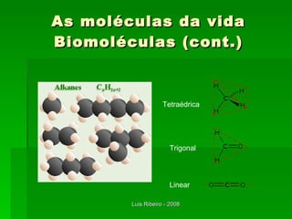 As moléculas da vida Biomoléculas (cont.) Tetraédrica Trigonal Linear 