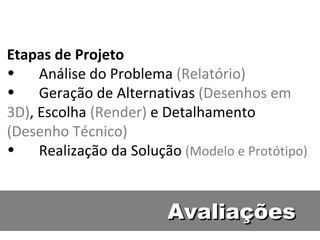 Etapas de Projeto Análise do Problema  (Relatório) Geração de Alternativas  (Desenhos em 3D) , Escolha  (Render)  e Detalhamento  (Desenho Técnico) Realização da Solução  (Modelo e Protótipo) Avaliações 