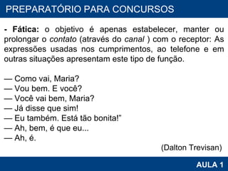 PROAB 2010 AULA 1 PREPARATÓRIO PARA CONCURSOS - Fática:  o objetivo é apenas estabelecer, manter ou prolongar o  contato  (através do  canal  ) com o receptor: As expressões usadas nos cumprimentos, ao telefone e em outras situações apresentam este tipo de função.  —  Como vai, Maria?  —  Vou bem. E você?  —  Você vai bem, Maria?  —  Já disse que sim!  —  Eu também. Está tão bonita!”  —  Ah, bem, é que eu...  —  Ah, é.  (Dalton Trevisan)  