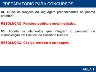 PROAB 2010 AULA 1 PREPARATÓRIO PARA CONCURSOS 04.  Quais as funções da linguagem predominantes no poema anterior?   RESOLUÇÃO: Funções poética e metalingüística. 05.  Aponte os elementos que integram o processo de comunicação em Poética, de Cassiano Ricardo.   RESOLUÇÃO: Código, emissor e mensagem.      