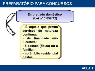 É aquele que presta serviços de natureza contínua; de finalidade não lucrativa; à pessoa (física) ou a família; no âmbito residencial destas Empregado doméstico (Lei nº 5.859/72) 