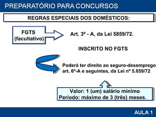 REGRAS ESPECIAIS DOS DOMÉSTICOS: Art. 3º - A, da Lei 5859/72. Poderá ter direito ao seguro-desemprego  art. 6º-A e seguintes, da Lei nº 5.859/72 INSCRITO NO FGTS Valor: 1 (um) salário mínimo Período: máximo de 3 (três) meses.  FGTS  (facultativo) 