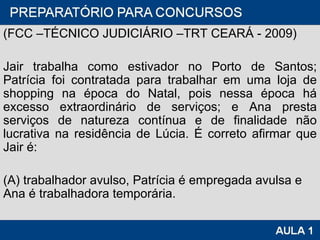 (FCC –TÉCNICO JUDICIÁRIO –TRT CEARÁ - 2009) Jair trabalha como estivador no Porto de Santos; Patrícia foi contratada para trabalhar em uma loja de shopping na época do Natal, pois nessa época há excesso extraordinário de serviços; e Ana presta serviços de natureza contínua e de finalidade não lucrativa na residência de Lúcia. É correto afirmar que Jair é: (A) trabalhador avulso, Patrícia é empregada avulsa e Ana é trabalhadora temporária. 