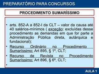 PROCEDIMENTO SUMARÍSSIMO arts. 852-A a 852-I da CLT – valor da causa até 40 salários-mínimos (  exceção : excluídas desse procedimento as demandas em que for parte a Administração Pública direta, autárquica e fundacional);  Recurso Ordinário no Procedimento  Sumaríssimo:  Art 895, § 1º, CLT; Recurso de Revista no Procedimento Sumaríssimo:  Art 896, § 6º, CLT; 