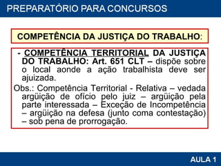 COMPETÊNCIA DA JUSTIÇA DO TRABALHO : -  COMPETÊNCIA TERRITORIAL  DA JUSTIÇA DO TRABALHO: Art. 651 CLT –  dispõe sobre o local aonde a ação trabalhista deve ser ajuizada. Obs.: Competência Territorial - Relativa – vedada argüição de ofício pelo juiz – argüição pela parte interessada – Exceção de Incompetência – argüição na defesa (junto coma contestação) – sob pena de prorrogação. 
