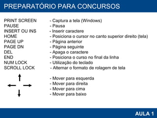 PROAB 2010 AULA 1 PREPARATÓRIO PARA CONCURSOS PRINT SCREEN  - Captura a tela (Windows) PAUSE   - Pausa INSERT OU INS  - Inserir caractere HOME   - Posiciona o cursor no canto superior direito (tela) PAGE UP   - Página anterior PAGE DN   - Página seguinte DEL   - Apaga o caractere END   - Posiciona o curso no final da linha NUM LOCK   - Utilização do teclado SCROLL LOCK  - Alternar o formato de rolagem de tela   - Mover para esquerda   - Mover para direita   - Mover para cima   - Mover para baixo 