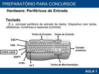 PROAB 2010 AULA 1 PREPARATÓRIO PARA CONCURSOS Hardware: Periféricos de Entrada Teclado É o  principal periférico de entrada de dados. Dispositivo com teclas alfabéticas, numéricas e especiais (controle).  ESC TAB CAPS LOCK SHIFT CTRL ALT Teclas de Movimentação Teclado númérico  Teclas de Controle Teclas de Funções 