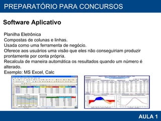PROAB 2010 AULA 1 PREPARATÓRIO PARA CONCURSOS Software Aplicativo Planilha Eletrônica Compostas de colunas e linhas. Usada como uma ferramenta de negócio. Oferece aos usuários uma visão que eles não conseguiriam produzir prontamente por conta própria. Recalcula de maneira automática os resultados quando um número é alterado. Exemplo: MS Excel, Calc 