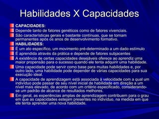 Habilidades X CapacidadesHabilidades X Capacidades
CAPACIDADES:CAPACIDADES:
Depende tanto de fatores genéticos como de fatores vivenciais.Depende tanto de fatores genéticos como de fatores vivenciais.
São características gerais e bastante contínuas, que se tornamSão características gerais e bastante contínuas, que se tornam
permanentes após os anos de desenvolvimento formativo.permanentes após os anos de desenvolvimento formativo.
HABILIDADES:HABILIDADES:
É um ato específico, um movimento pré-determinado a um dado estímuloÉ um ato específico, um movimento pré-determinado a um dado estímulo
É aprendida através da prática e depende de fatores subjacentesÉ aprendida através da prática e depende de fatores subjacentes
A existência de certas capacidades desejáveis oferece ao aprendiz umaA existência de certas capacidades desejáveis oferece ao aprendiz uma
maior propensão para o sucesso quando ele tenta adquirir uma habilidade.maior propensão para o sucesso quando ele tenta adquirir uma habilidade.
Uma capacidade pode servir como base para muitas habilidades e, porUma capacidade pode servir como base para muitas habilidades e, por
outro lado, uma habilidade pode depender de várias capacidades para suaoutro lado, uma habilidade pode depender de várias capacidades para sua
execução ideal.execução ideal.
A capacidade de aprendizagem está associada à velocidade com a qual umA capacidade de aprendizagem está associada à velocidade com a qual um
indivíduo pode passar de seu nível inicial de habilidade em direção a umindivíduo pode passar de seu nível inicial de habilidade em direção a um
nível mais elevado, de acordo com um critério especificado, considerando-nível mais elevado, de acordo com um critério especificado, considerando-
se um padrão de alcance de resultados melhores.se um padrão de alcance de resultados melhores.
Em geral, as experiências amplas de aprendizagem contribuem para o grauEm geral, as experiências amplas de aprendizagem contribuem para o grau
em que as capacidades estejam presentes no indivíduo, na medida em queem que as capacidades estejam presentes no indivíduo, na medida em que
ele tenta aprender uma nova habilidade.ele tenta aprender uma nova habilidade.
 