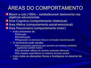 ÁREAS DO COMPORTAMENTOÁREAS DO COMPORTAMENTO
Bloom e cols.(1954) – estabeleceram taxionomia nosBloom e cols.(1954) – estabeleceram taxionomia nos
objetivos educacionais.objetivos educacionais.
Área Cognitiva (comportamento intelectual)Área Cognitiva (comportamento intelectual)
Área Afetiva (comportamento social-emocional)Área Afetiva (comportamento social-emocional)
Área Psicomotora (comportamento motor)Área Psicomotora (comportamento motor)
– Inclui processos de:Inclui processos de:
AlteraçãoAlteração
EstabilizaçãoEstabilização
Regressão na estrutura física e na função neuromuscularRegressão na estrutura física e na função neuromuscular
– O movimento pode resultarO movimento pode resultar
De processos cognitivos que ocorrem em centros cerebraisDe processos cognitivos que ocorrem em centros cerebrais
superiores (córtex motor);superiores (córtex motor);
Da atividade reflexa em centros cerebrais inferiores;Da atividade reflexa em centros cerebrais inferiores;
De reações automáticas no sistema nervoso centralDe reações automáticas no sistema nervoso central
– Inclui todas as alterações físicas e fisiológicas no decorrer daInclui todas as alterações físicas e fisiológicas no decorrer da
vida.vida.
 