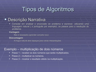 Tipos de Algoritmos Descrição Narrativa Consiste em analisar o enunciado do problema e escrever, utilizando uma linguagem natural ( o português por exemplo), os passos para a resolução do problema. Vantagem Não é necessário aprender conceito novo Desvantagem A língua natural abre espaços para várias interpretações Exemplo – multiplicação de dois números Passo 1 – receber os dois números que serão multiplicados. Passo 2 – multiplicar os números. Passo 3 – mostrar o resultado obtido na multiplicação. 