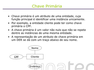 Chave Primária Chave primária é um atributo de uma entidade, cuja função principal é identificar uma instância unicamente. Por exemplo, a entidade cliente pode ter como chave primária o CPF. A chave primária é um valor não nulo que não se repete dentre as instâncias de uma mesma entidade. A representação de um atributo de chave primária em um DER se dá com um traço abaixo de seu nome. Cliente CPF Nome Endereço 