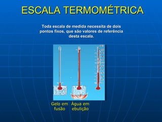 ESCALA TERMOMÉTRICA Toda escala de medida necessita de dois pontos fixos, que são valores de referência desta escala. Gelo em fusão Água em ebulição 