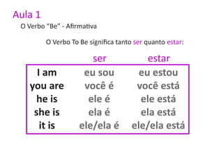 Aula 1
 O Verbo “Be” - Afirmativa

         O Verbo To Be significa tanto ser quanto estar:

                       ser                estar
      I am           eu sou             eu estou
    you are          você é            você está
     he is            ele é             ele está
     she is           ela é             ela está
       it is        ele/ela é         ele/ela está
 