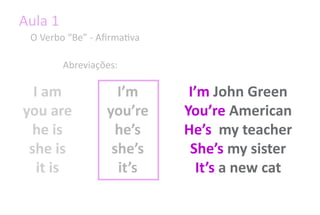 Aula 1
 OV       B     A       a a

         Abreviações:

  I am                I’m      I’m John Green
you are             you’re    You’re American
 he is               he’s     He’s my teacher
 she is              she’s     She’s my sister
   it is              it’s       It’s a new cat
 