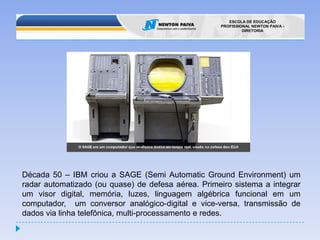 Década 50 – IBM criou a SAGE (Semi AutomaticGroundEnvironment) um radar automatizado (ou quase) de defesa aérea. Primeiro sistema a integrar um visor digital, memória, luzes, linguagem algébrica funcional em um computador,  um conversor analógico-digital e vice-versa, transmissão de dados via linha telefônica, multi-processamento e redes.