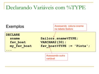 Declarando Variáveis com %TYPE  Exemplos DECLARE sname Sailors.sname%TYPE; fav_boat VARCHAR2(30); my_fav_boat fav_boat%TYPE := 'Pinta'; ... Acessando  coluna sname na tabela Sailors Acessando outra variável 