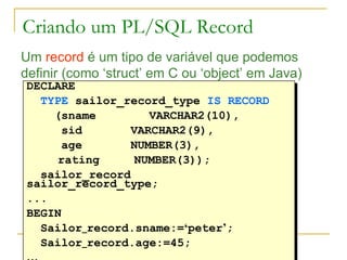 Criando um PL/SQL Record Um  record  é um tipo de variável que podemos definir (como ‘struct’ em C ou ‘object’ em Java) DECLARE TYPE  sailor_record_type  IS RECORD (sname   VARCHAR2(10), sid  VARCHAR2(9), age NUMBER(3),   rating  NUMBER(3)); sailor_record sailor_record_type; ... BEGIN Sailor _ record.sname:= ‘ peter ’ ; Sailor _ record.age:=45; … 