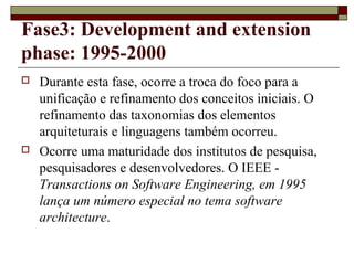 Fase3: Development and extension
phase: 1995-2000
 Durante esta fase, ocorre a troca do foco para a
unificação e refinamento dos conceitos iniciais. O
refinamento das taxonomias dos elementos
arquiteturais e linguagens também ocorreu.
 Ocorre uma maturidade dos institutos de pesquisa,
pesquisadores e desenvolvedores. O IEEE -
Transactions on Software Engineering, em 1995
lança um número especial no tema software
architecture.
 