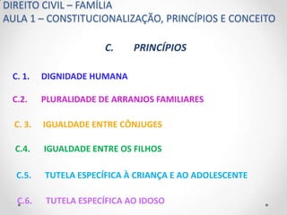 DIREITO CIVIL – FAMÍLIA
AULA 1 – CONSTITUCIONALIZAÇÃO, PRINCÍPIOS E CONCEITO

                       C.    PRINCÍPIOS

 C. 1.    DIGNIDADE HUMANA

 C.2.     PLURALIDADE DE ARRANJOS FAMILIARES

  C. 3.   IGUALDADE ENTRE CÔNJUGES

  C.4.    IGUALDADE ENTRE OS FILHOS

  C.5.    TUTELA ESPECÍFICA À CRIANÇA E AO ADOLESCENTE

  C.6.    TUTELA ESPECÍFICA AO IDOSO
 