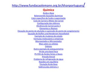 http://www.fundacaolemann.org.br/khanportugues                          /
                    Quimica
                                Ácido e Base
                     Balanceando Equações Químicas
                  Calor específico de fusão e vaporização
                    Ciclo de Carnot e Motor de Carnot
                         Configuração dos elétrons
                        Eficiência de Carnot parte 3
                            Elementos e Átomos
   Elevação do ponto de ebulição e supressão do ponto de congelamento
              Equação de Buffers and Hendersen Hasselbalch
                     Exemplo de mudança de estado
                    Formulas moleculares e empíricas
                      Macroestados e Microestados
                           Mais sobre os orbitais
                                   Orbitais
                    Outro exemplo de estequiometria
                            PH de uma base fraca
                     Ph POh de Ácidos fortes e Bases
                               Pressão Parcial
                    Problema de refrigeração de água
                           Reacões em equilíbrio
                            Titulação Ácido Base
                           Valência dos eletrons 1
 