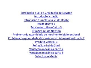 Introdução à Lei de Gravitação de Newton
                     Introdução à tração
            Introdução às molas e à lei de Hooke
                        Magnetismo 2
                  Movimento Harmônico 3
                   Primeira Lei de Newton
   Problema da quantidade de movimento bidimensional
Problema da quantidade de movimento bidimensional parte 2
                      Produto Vetorial 1
                   Refração e Lei de Snell
                 Vantagem mecânica parte 2
                 Vantagem mecânica parte 3
                      Velocidade Média
 