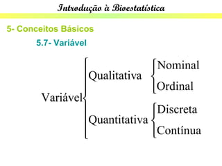 Introdução à Bioestatística

5- Conceitos Básicos
      5.7- Variável

                             Nominal
                             
               Qualitativa 
               
                            Ordinal
                             
       Variável
                            Discreta
                             
               Quantitativa 
               
                            Contínua
                             
 