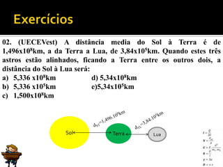02. (UECEVest) A distância media do Sol à Terra é de
1,496x108km, a da Terra a Lua, de 3,84x105km. Quando estes três
astros estão alinhados, ficando a Terra entre os outros dois, a
distância do Sol à Lua será:
a) 5,336 x108km              d) 5,34x108km
b) 5,336 x105km              e)5,34x105km
c) 1,500x108km



                  Sol          Terra       Lua
 