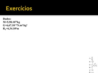 Dados:
M=5,98.1024kg
G=6,67.10-11N.m²/kg²
RT=6,34.106m
 