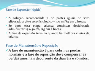 Fase de Expansão (rápida)

• A solução recomendada é de partes iguais de soro
  glicosado a 5% e soro fisiológico – 100 ml/kg em 2 horas;
• Se após essa etapa criança continuar desidratada
  administrar 25 a 50 ml/ Kg em 2 horas;
• A fase de expansão termina quando há melhora clínica da
  criança

Fase de Manutenção e Reposição
A fase de manutenção é para cobrir as perdas
 normais e a fase de reposição deve compensar as
 perdas anormais decorrente da diarréia e vômitos;
 