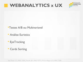 WEBANALYTICS x UX



Testes A/B ou Multivariavel

 Análise Euristica

 EyeTracking

 Cards Sorting


São Paulo (11) 4063 7208 | Recife (81) 4062 9373 | Porto Alegre (51) 4063 7208
 