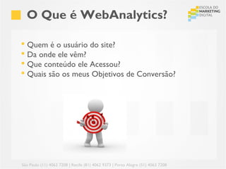 O Que é WebAnalytics?

 Quem é o usuário do site?
 Da onde ele vêm?
 Que conteúdo ele Acessou?
 Quais são os meus Objetivos de Conversão?




São Paulo (11) 4063 7208 | Recife (81) 4062 9373 | Porto Alegre (51) 4063 7208
 