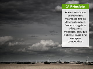 2º Princípio
 Aceitar mudanças
    de requisitos,
 mesmo no ﬁm do
 desenvolvimento.
 Processos ágeis se
     adequam a
mudanças, para que
o cliente possa tirar
      vantagens
    competitivas.
 