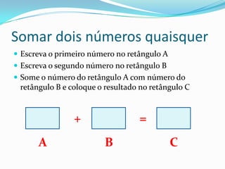 Somar dois números quaisquer
 Escreva o primeiro número no retângulo A
 Escreva o segundo número no retângulo B
 Some o número do retângulo A com número do
 retângulo B e coloque o resultado no retângulo C


                +                 =
      A                 B                    C
 