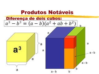 Produtos Notáveis
Diferença de dois cubos:
                                          b

                        a



                a                               a

   a    3           a
                                                    a-b

            a
                                              a-b

    a                                 b
                            a-b   b
 