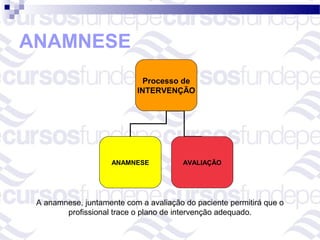 ANAMNESE
                             Processo de
                           INTERVENÇÃO




                     ANAMNESE           AVALIAÇÃO




 A anamnese, juntamente com a avaliação do paciente permitirá que o
        profissional trace o plano de intervenção adequado.
 