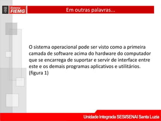 Em outras palavras...




O sistema operacional pode ser visto como a primeira
camada de software acima do hardware do computador
que se encarrega de suportar e servir de interface entre
este e os demais programas aplicativos e utilitários.
(figura 1)
 