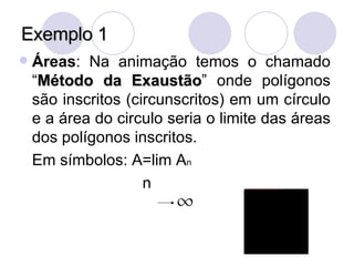 Exemplo 1 Áreas : Na animação temos o chamado “ Método da Exaustão ” onde polígonos são inscritos (circunscritos) em um círculo e a área do circulo seria o limite das áreas dos polígonos inscritos. Em símbolos: A=lim A n     n 